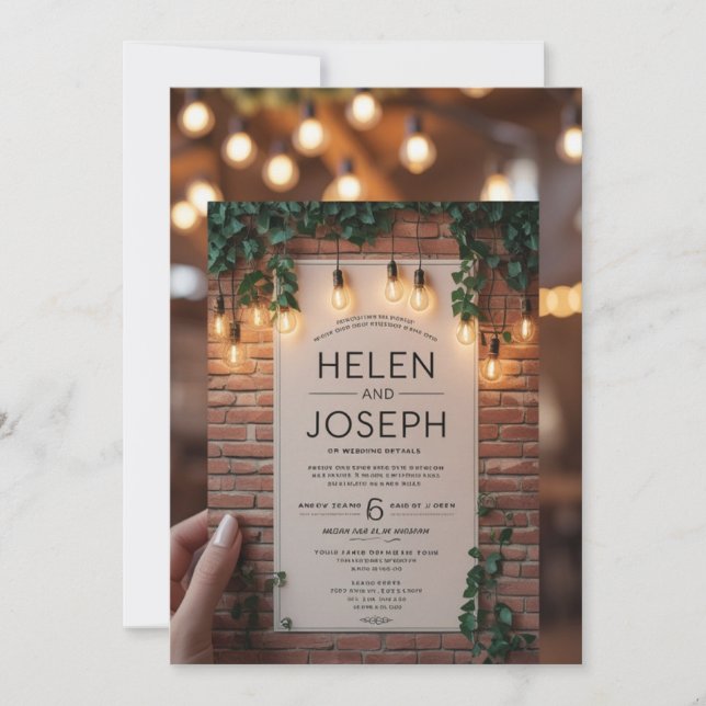Rustic Boho Brick Wall & String Lights Wedding Inv Invitation (Front)