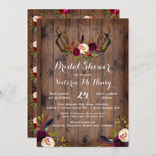 Rustic Boho Bridal Shower with deer antlers Invitation (Front/Back)