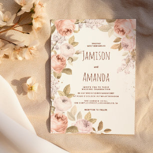 Rustic boho brown coral mauve pink floral Wedding Invitation
