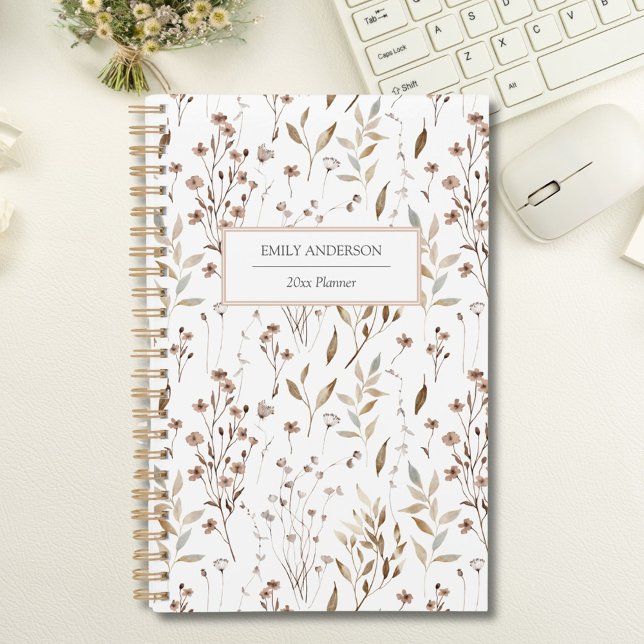 Rustic Boho Brown Fall Botanical Flower Leaf 2027 Planner (In situ)
