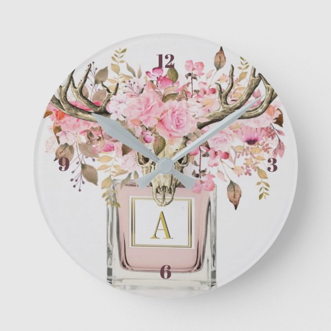 Rustic Boho Bull Skull Floral Monogram Chic Round Clock (Front)