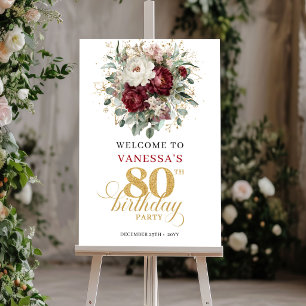 Rustic Boho Burgundy 80th Birthday Welcome Poster