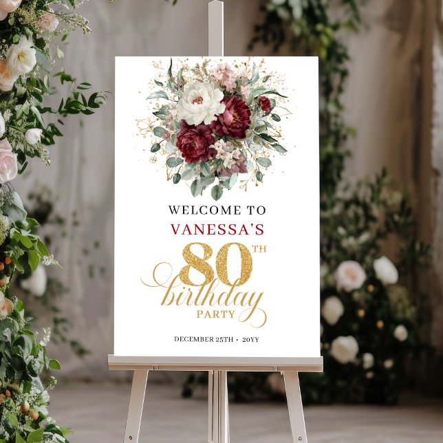 Rustic Boho Burgundy 80th Birthday Welcome Poster (Rustic Boho Burgundy 80th Birthday Welcome Poster)
