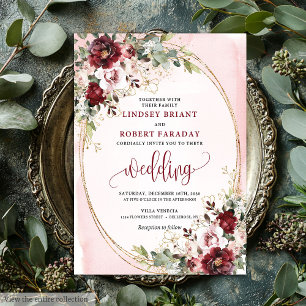 Rustic Boho Burgundy Blush Gold Floral Invitation