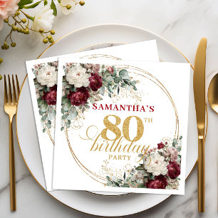 Rustic Boho Burgundy Floral 80th Birthday Napkins