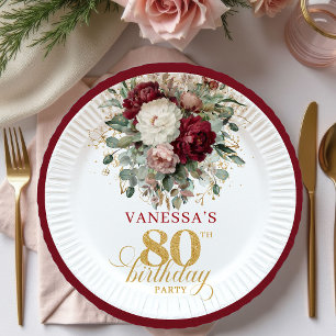 Rustic Boho Burgundy Floral 80th Birthday Paper Plate