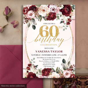 Rustic Boho Burgundy Gold Roses 60th Birthday Invitation