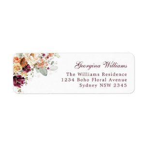 Rustic Boho Burgundy Orange Floral Return Address Label