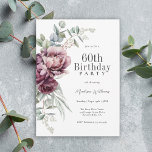 Rustic Boho Burgundy Plum Floral 60th Birthday Invitation<br><div class="desc">An ultra-feminine boho stylish 60th birthday party invitation that captures the essence of rustic elegance with its arched bouquet of peonies and roses in harmonising deep burgundy, plum, and dusty pink with trailing eucalyptus greenery. The feminine botanical elements pop with style and sophistication. Personalise the text template with your event...</div>