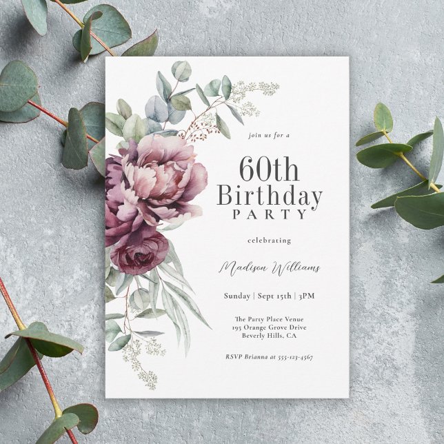 Rustic Boho Burgundy Plum Floral 60th Birthday Invitation (Available as printed and paperless digital download!)
