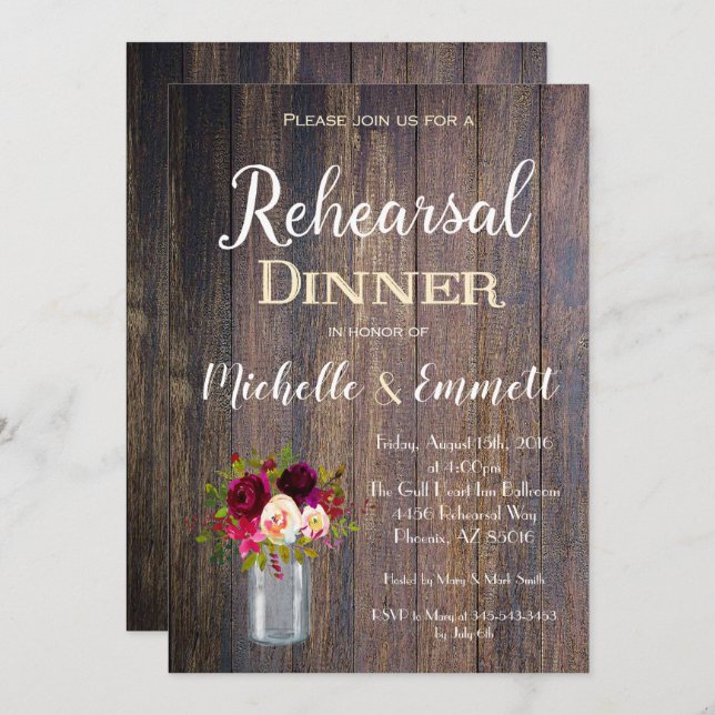 Rustic Boho Burgundy Rehearsal Dinner Invitation (Front/Back)