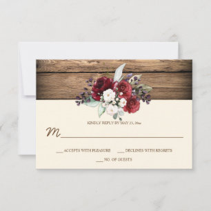 Rustic Boho Burgundy & White Roses Barn Wood RSVP Card
