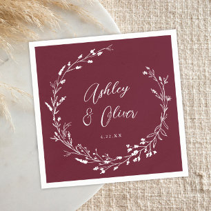Rustic Boho Burgundy Wildflower Botanical Wedding Napkin