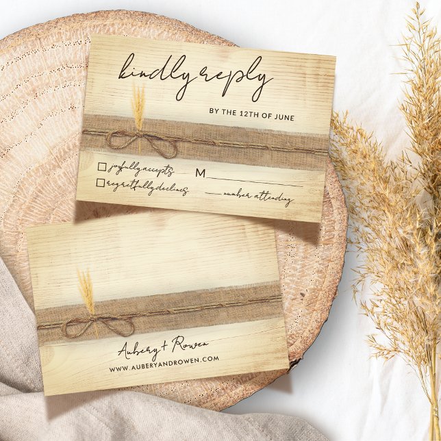 Rustic Boho Burlap Eco Wood Pampass Grass Wedding RSVP Card (Creator Uploaded)