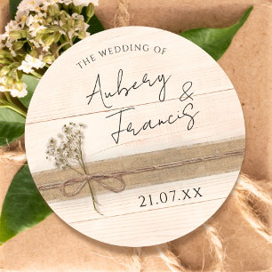 Rustic Boho Burlap Floral Wood Wildflower Wedding Classic Round Sticker