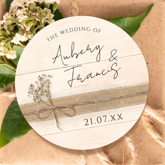 Rustic Boho Burlap Floral Wood Wildflower Wedding Classic Round Sticker (Creator Uploaded)