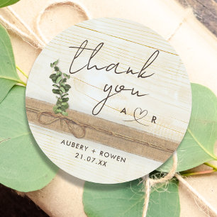 Rustic Boho Burlap Wood Eucalyptus Thank you Classic Round Sticker