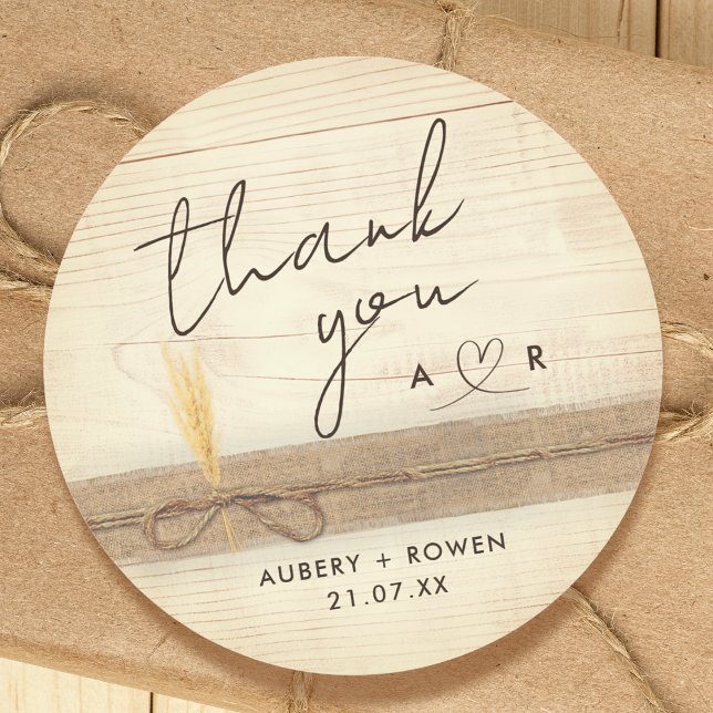 Rustic Boho Burlap Wood Pampass Grass Thank you Classic Round Sticker (Creator Uploaded)