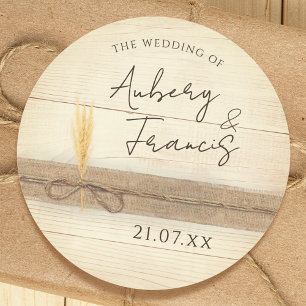 Rustic Boho Burlap Wood Pampass Grass Wedding Classic Round Sticker