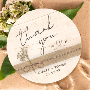 Rustic Boho Burlap Wood Wildflower Thank you Classic Round Sticker