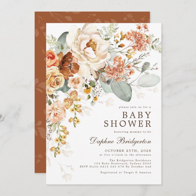 Rustic Boho Burnt Orange Cream Floral Baby Shower  Invitation (Front/Back)