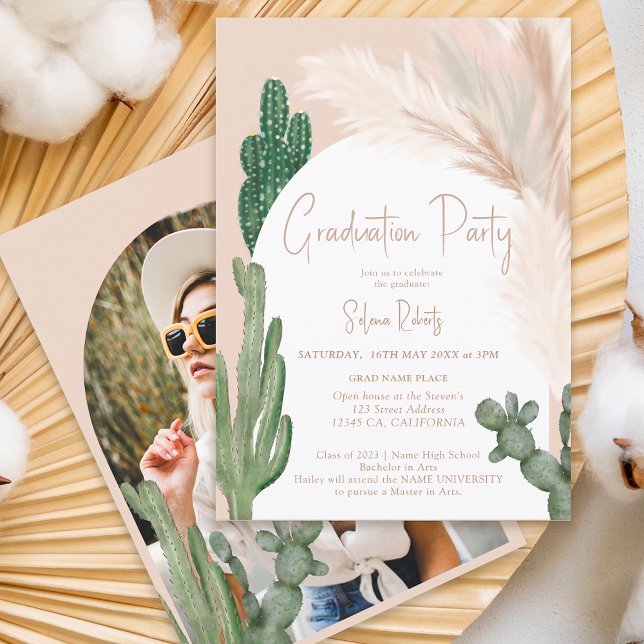 Rustic Boho cactus pampas arch photo graduation Invitation (Creator Uploaded)