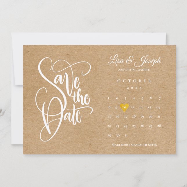 Rustic Boho Calendar Gold Love Heart Save The Date (Front)