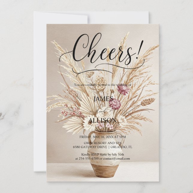 Rustic Boho Cheers Neutral Floral Invitation  (Front)