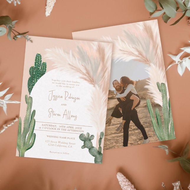 Rustic Boho chic cactus pampas arch photo wedding Invitation (Creator Uploaded)