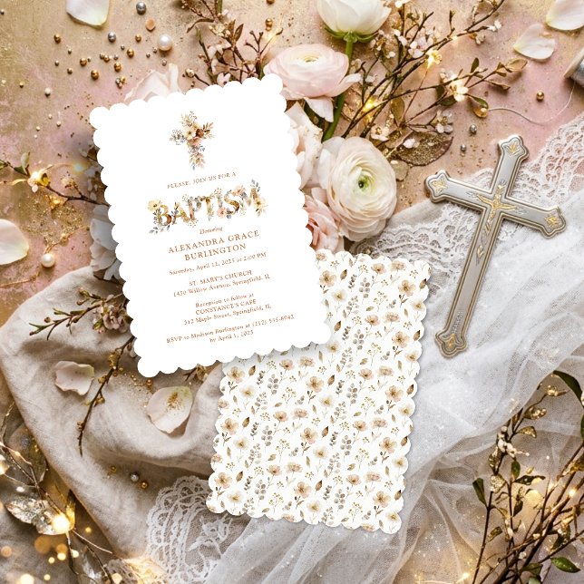 Rustic Boho Chic Floral Cross Baptism TMF26 Invitation (Rustic Boho Chic Floral Cross Baptism Invitation with Soft Earthy Botanical Accents and Delicate.)