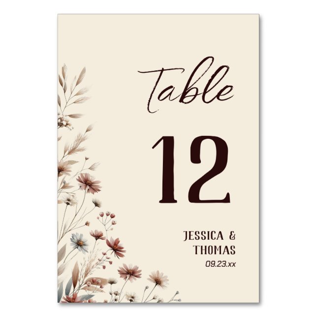 Rustic Boho Chic Watercolor Wildflowers Wedding Table Number (Front)