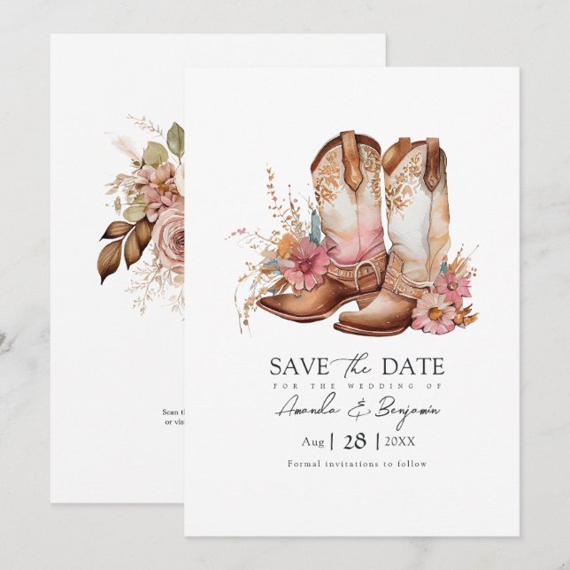 Rustic Boho Chic Western Wedding Cowboy QR Code Save The Date (Front/Back)