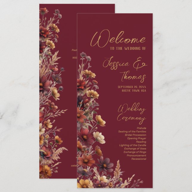 Rustic Boho Chic Wildflowers Burgundy Wedding Program (Front/Back)