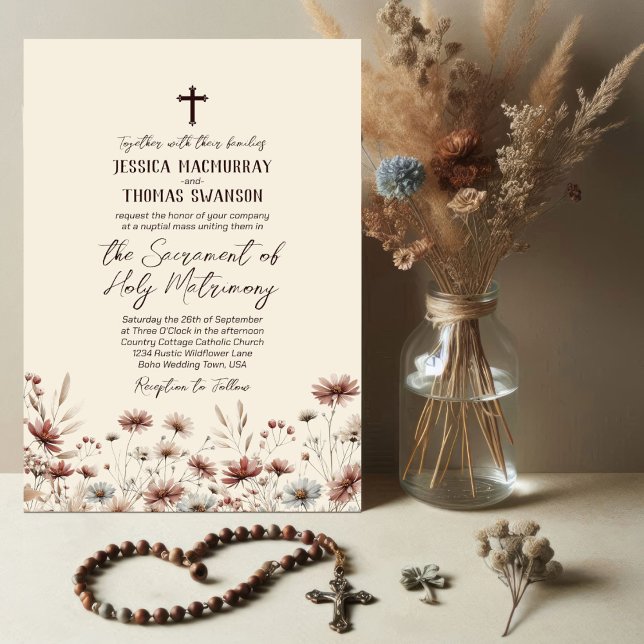 Rustic Boho Chic Wildflowers Catholic Wedding Invitation (Creator Uploaded)