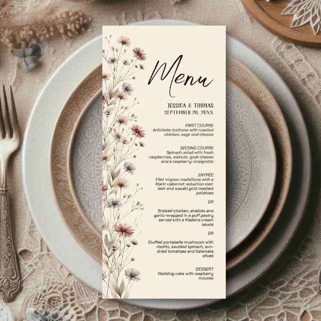 Rustic Boho Chic Wildflowers Elegant Wedding Menu (On plate at reception)