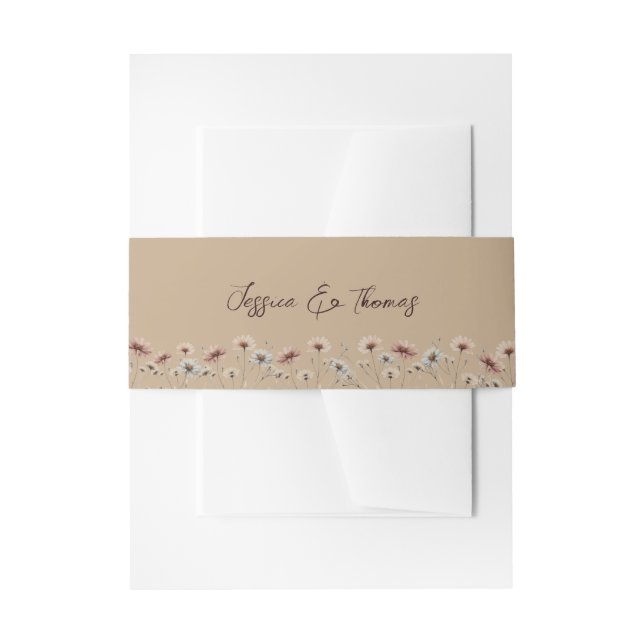 Rustic Boho Chic Wildflowers Mocha Tan Wedding Invitation Belly Band (Front Example)