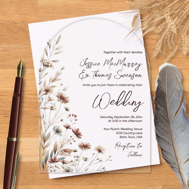 Rustic Boho Chic Wildflowers Modern Wedding Acrylic Invitations (Clear Acrylic with Arch Cut)