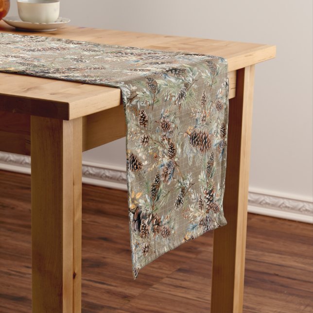 Rustic Boho Christmas Pine Farmhouse Pattern  Short Table Runner (In Situ)