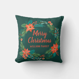 Rustic boho Classic Christmas wreath poinsettia Cushion