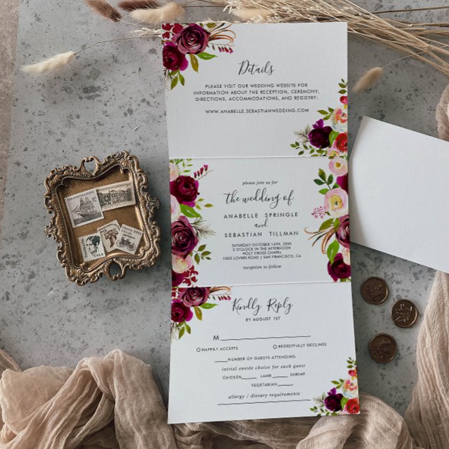 Rustic Boho Colourful Floral Wedding Tri-Fold Invitation (Creator Uploaded)