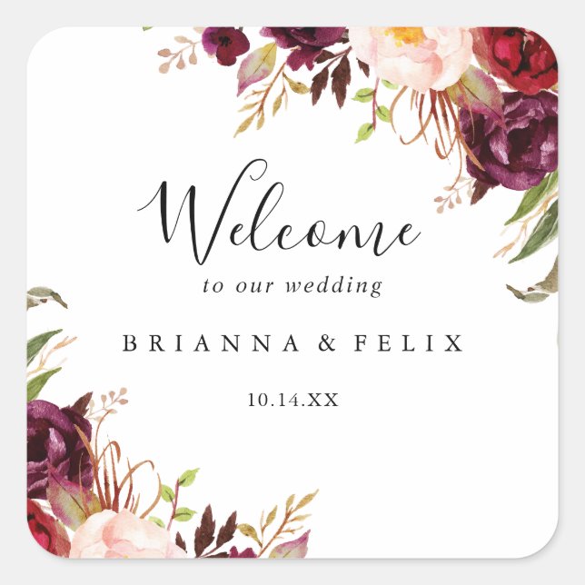 Rustic Boho Colourful Floral Wedding Welcome Square Sticker (Front)