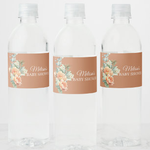 Rustic boho coral peach flower greenery water bottle label