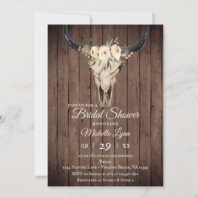 Rustic Boho Cow Skull on Barnwood Bridal Shower Invitation (Front)