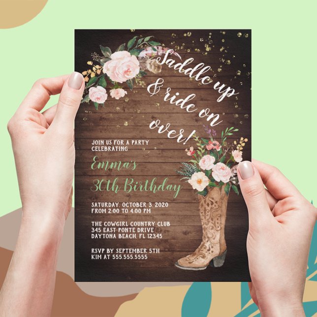 Rustic Boho Cowgirl Floral Boots Birthday Party Invitation (Creator Uploaded)