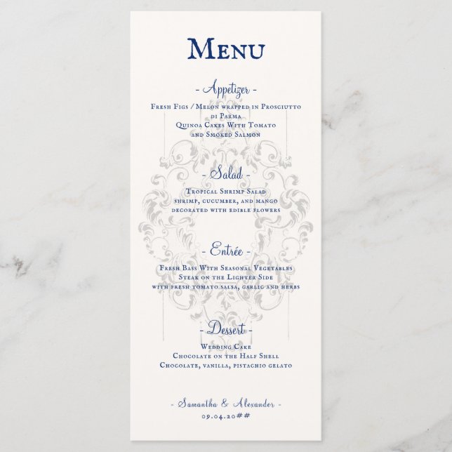 Rustic Boho Crest Ivory Royal Blue Gothic Wedding Menu (Front)