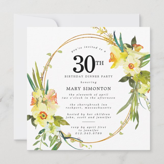 Rustic Boho Daffodil 30th Birthday Dinner Party Invitation (Front)