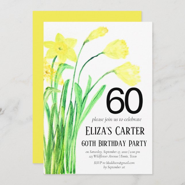 Rustic Boho Daffodil 60th Floral Elegant Birthday  Invitation (Front/Back)