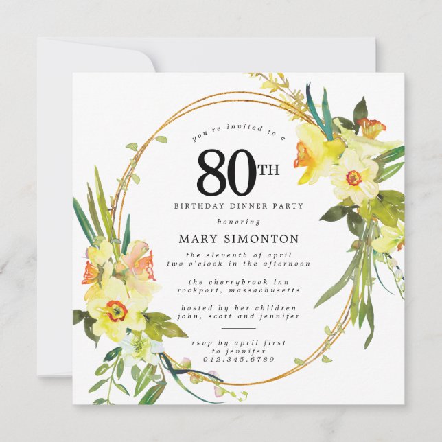 Rustic Boho Daffodil 80th Birthday Dinner Party Invitation (Front)