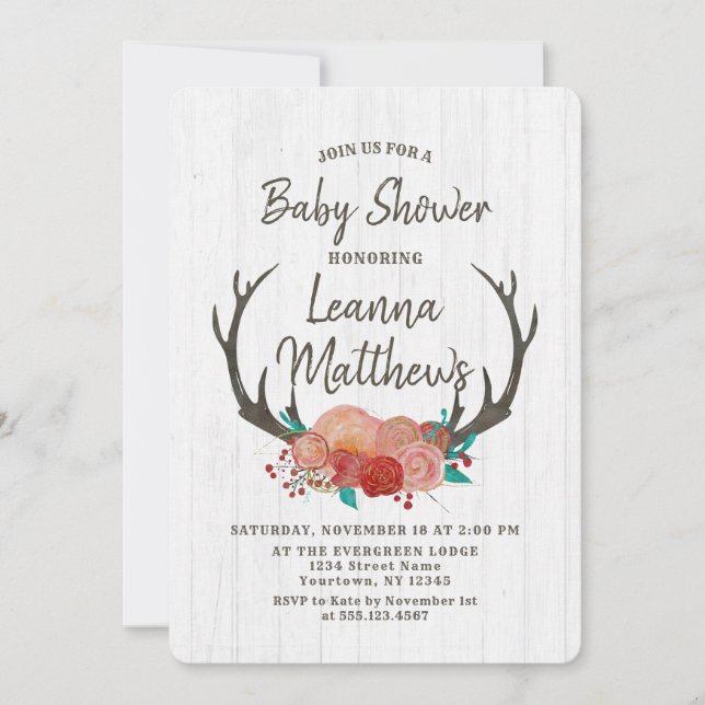 Rustic Boho Deer Antlers Baby Shower Invitation (Front)
