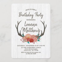 Rustic Boho Deer Antlers Birthday Party Invitation